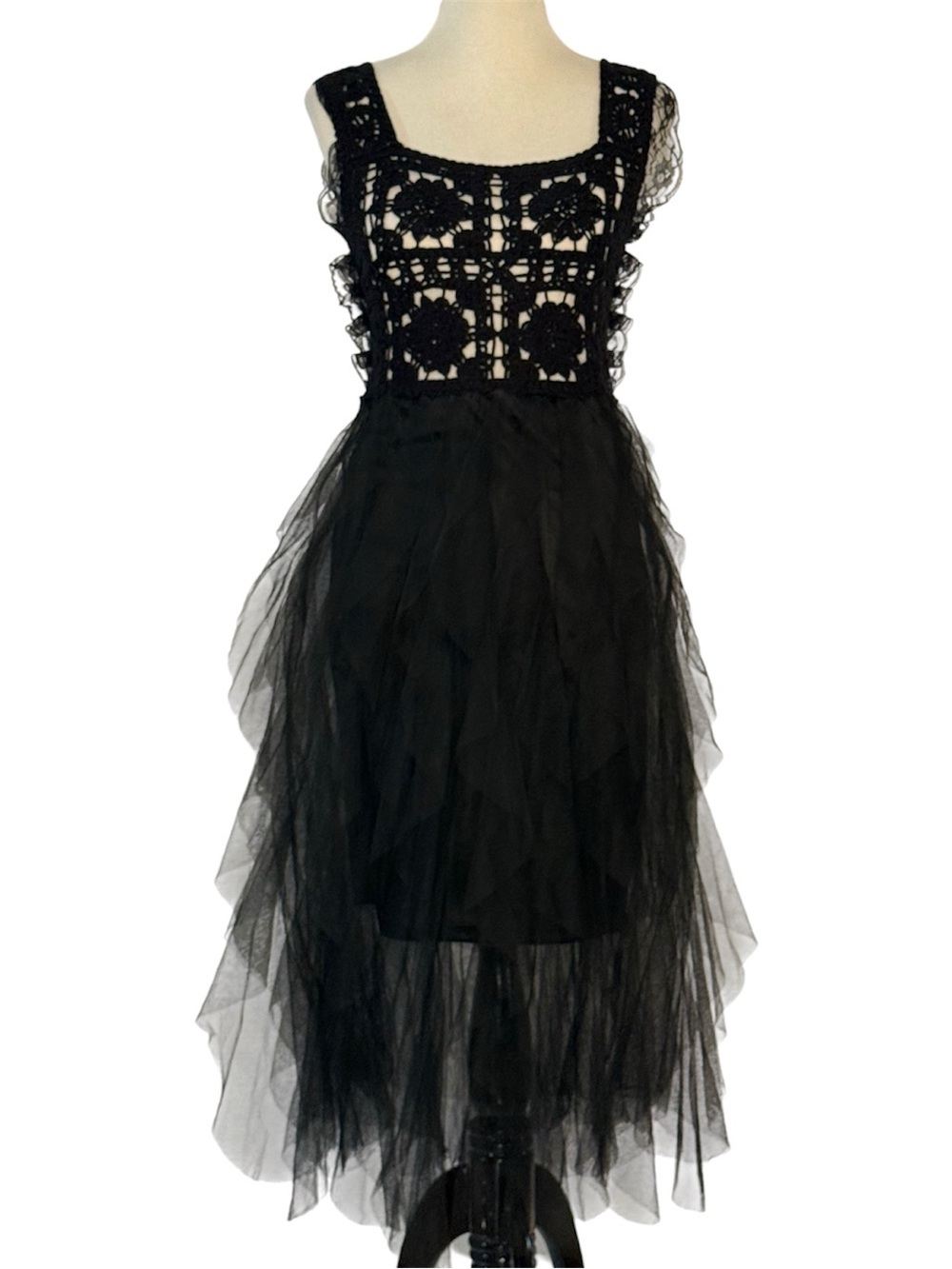 POL One Black Crochet Lace Tulle High Low Dress Boho Fairycore Romantic Gothic